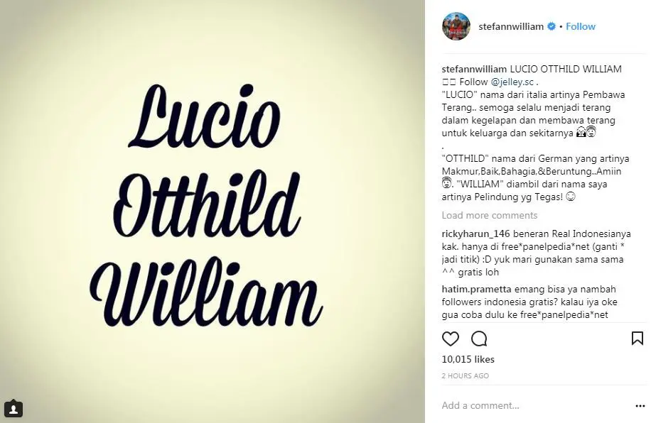 Stefan William mengumumkan nama anaknya lewat Instagram (Instagram/@stefanwilliam)