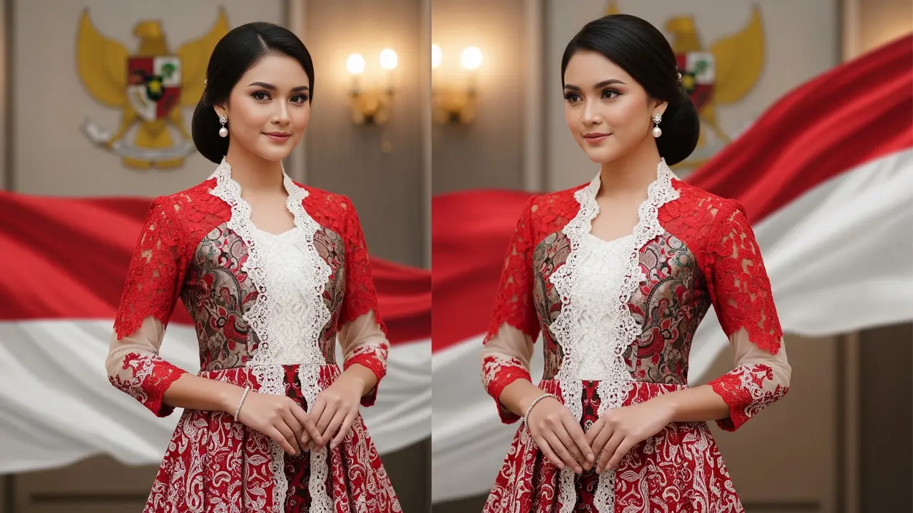 Dress Batik Kombinasi Brokat Tema Hari Kemerdekaan (AI Generated)