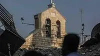 (Sumber: Gereja Santo Porphyrius di kota tua Gaza yang terkena serangan udara Israel (X @pmofa))
