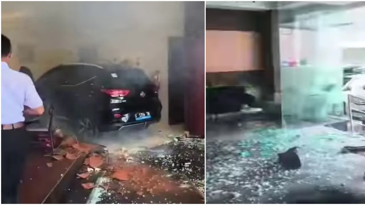 Sebuah mobil listrik lepas kendali hingga menerabas masuk ke dalam hotel