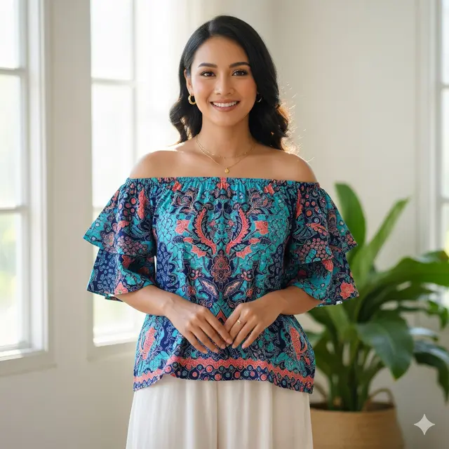 Blus Batik Off-Shoulder Ruffle