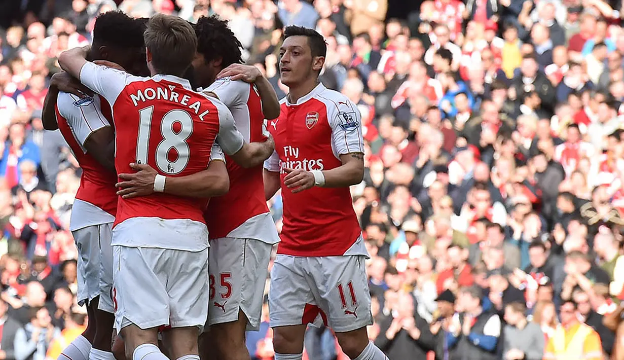 5. Arsenal, meski seret prestasi tapi klub Liga Inggris ini memiliki kekayaan sebesar 86 juta dolar AS. Kontraknya dengan maskapai penerbangan, Emirates, membuat mereka menjadi salah satu klub kaya dunia. (AFP/Ben Stansall)