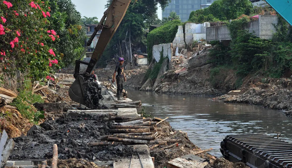 Alat berat tersebut mengangkat seluruh lumpur dan sampah ke atas bibir anak Kali Ciliwung, Jakarta, (9/10/14). (Liputan6.com/Johan Tallo)