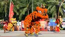 Penari Barongsai beraksi menghibur pengunjung Pantai Lagoon, Ancol, Jakarta, Sabtu (2/2). Untuk menyambut perayaan Imlek 2570, pengelola menampilkan Ancol Imlek Festival 2570. (Liputan6.com/Helmi Fithriansyah)