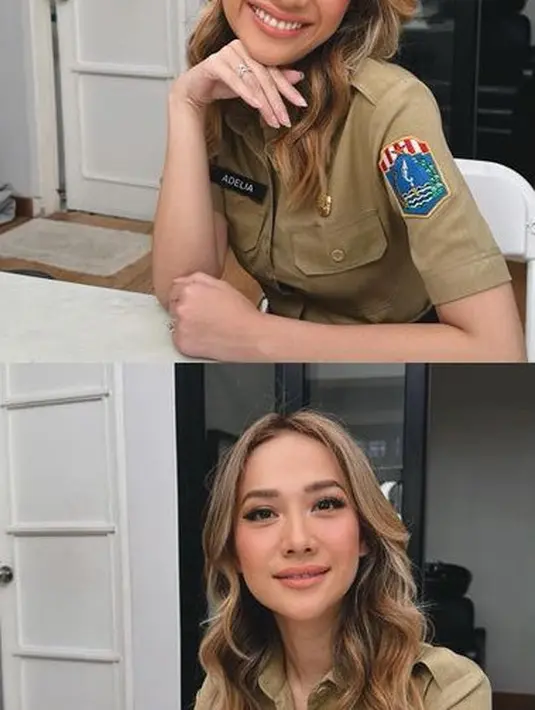 Maka BCL pun mengenakan seragam coklat dengan atasan kemeja lengan panjang lengkap dengan pin nama dan emblemnya. Dipadukan rok span warna serasi. [@itsmebcl]