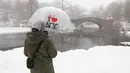 Seseorang memegang payung saat salju turun di Central Park, Kota New York pada Minggu 25 Januari 2026. Badai besar musim dingin menerjang Amerika Serikat (AS) sejak Sabtu 24 Januari 2026. (TIMOTHY A. CLARY/AFP)