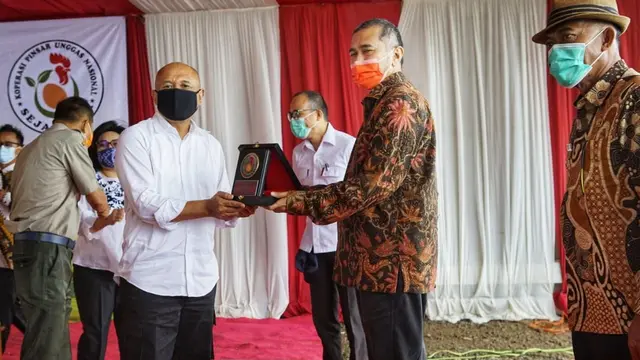 Menteri Koperasi dan UKM Teten Masduki dalam peresmian Breeding Farm Grand Parent Stock (GPS) ayam petelur (Layer) Koperasi Pinsar Unggas Nasional Sejahtera, di Kabupaten Subang, Senin (7/12/2020). (Dok KemenkopUKM)