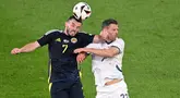Gelandang Skotlandia #07 John McGinn menyundul bola di samping bek Swiss #22 Fabian Schaer pada duel matchday 2 Grup A Euro 2024 di Stadion Rhein Energie, Kamis (20/6/2024) dini hari WIB. (Kirill KUDRYAVTSEV / AFP)