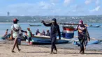 Para pekerja membawa ikan setelah para nelayan menurunkan hasil tangkapan mereka dari perahu di pantai Kedonganan dekat Denpasar, Bali, pada Jumat 10 April 2026. Provinsi Bali memiliki sejumlah pelabuhan yang berperan penting dalam mendukung kegiatan perikanan dan kelautan. (SONNY TUMBELAKA/AFP)