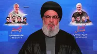 Hassan Nasrallah, pemimpin Hizbullah Lebanon, menyampaikan pidato di televisi dari lokasi yang dirahasiakan di Lebanon. (AFP/File)