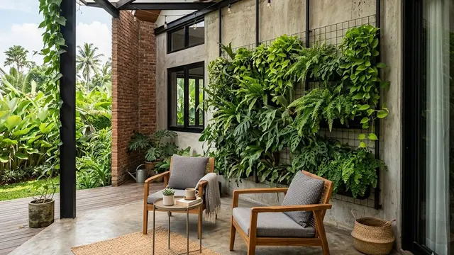 Teras Industrial dengan Vertical Garden Minimalis