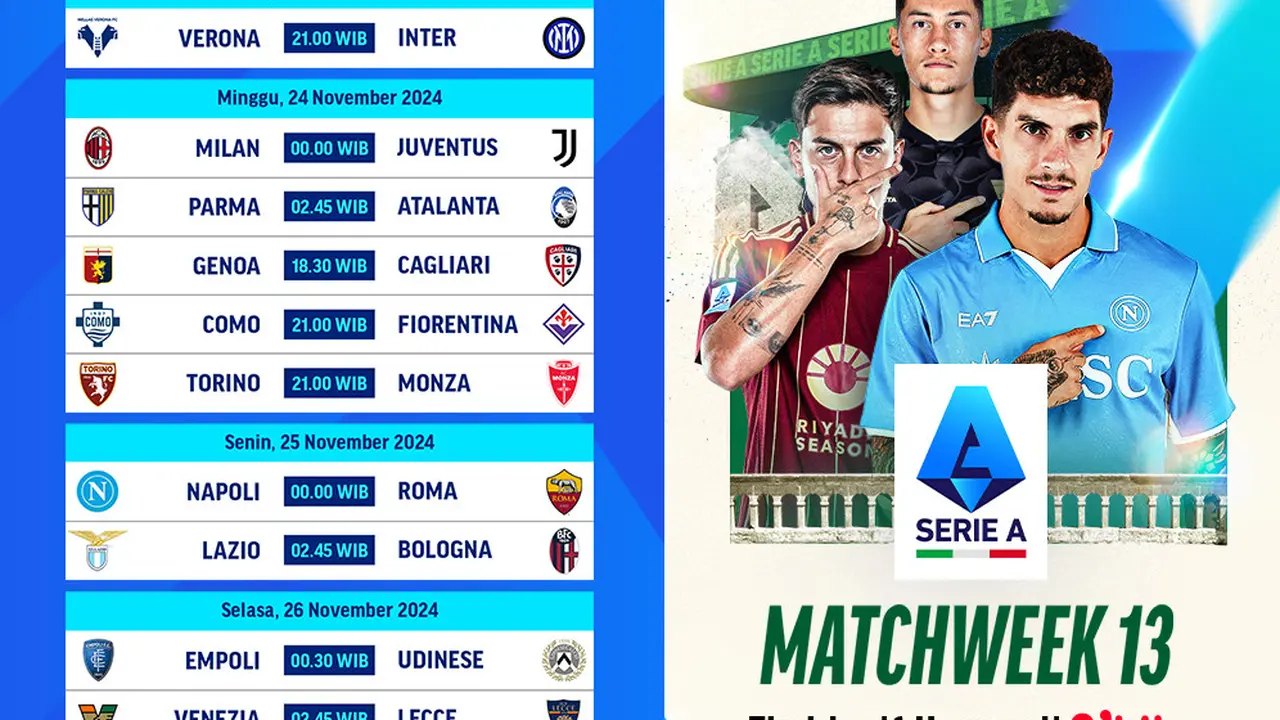 Jadwal Serie A 2024/25 Matchweek 13 di Vidio
