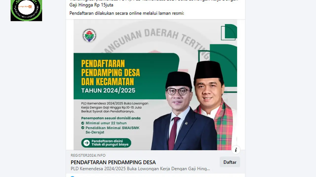 Tangkapan layar klaim link pendaftaran pendamping lokal desa bergaji hingga Rp 15 juta