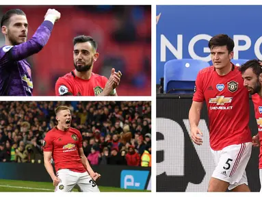 Bruno Fernandes, David De Gea, dan Scott McTominay digadang-gadang sebagai pemain yang pas untuk menggantikan kepemimpinan Harry Maguire. (Foto: AFP)