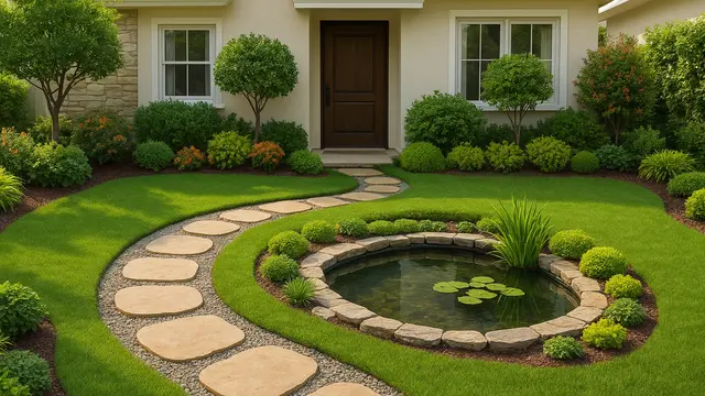 Taman Depan Rumah Ukuran 6x9 dengan Kolam Mini/ Ilustrasi gambar oleh AI