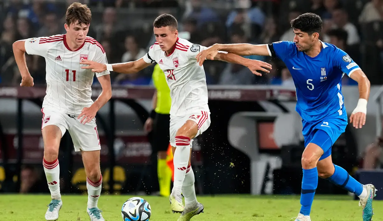Yunani pesta gol ke gawang Gibraltar pada pertandingan sepak bola kualifikasi Grup B Euro 2024. Tuan rumah menang lima gol tanpa balas. (AP Photo/Yorgos Karahalis)