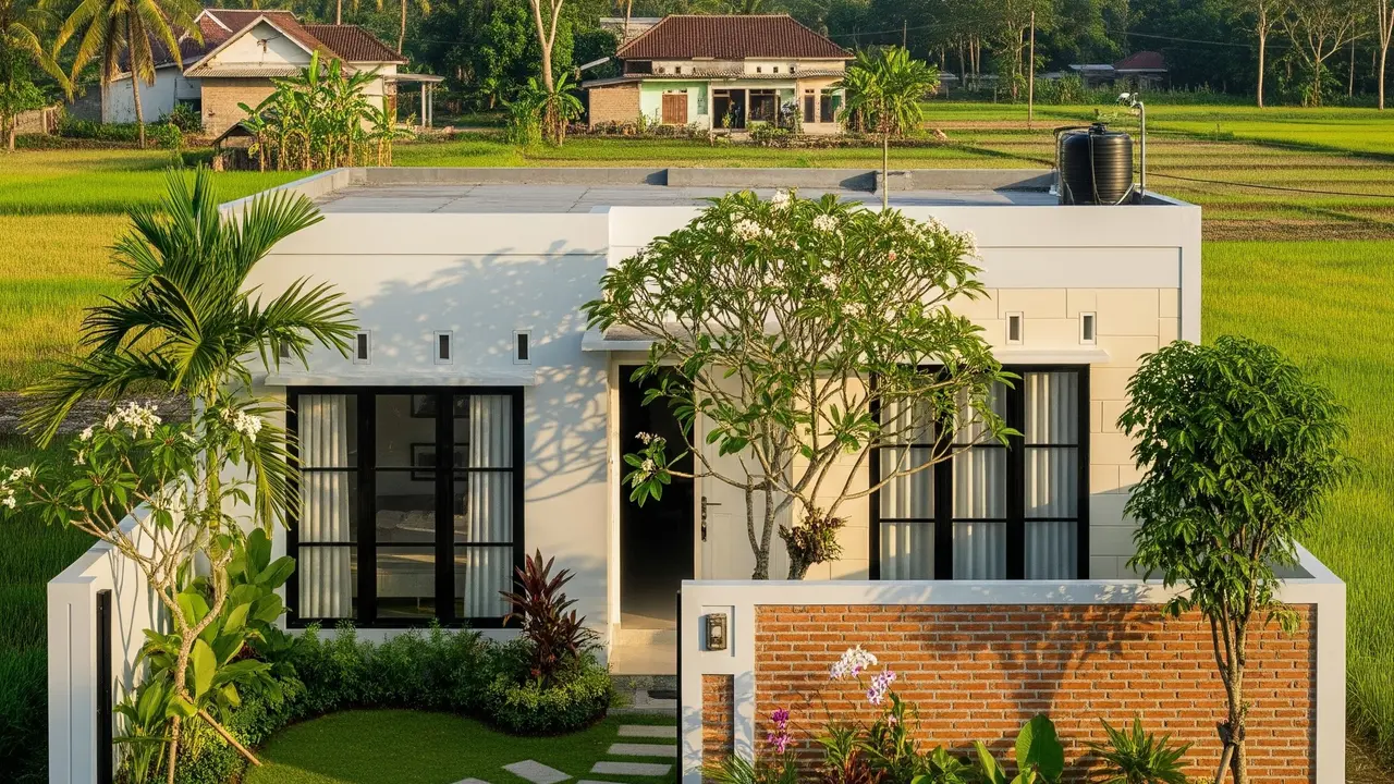 Model Rumah Sederhana Tapi Mewah dengan Atap Datar dan Pagar 2025 yang Cocok untuk Tinggal di Desa (Image by Gemini AI)