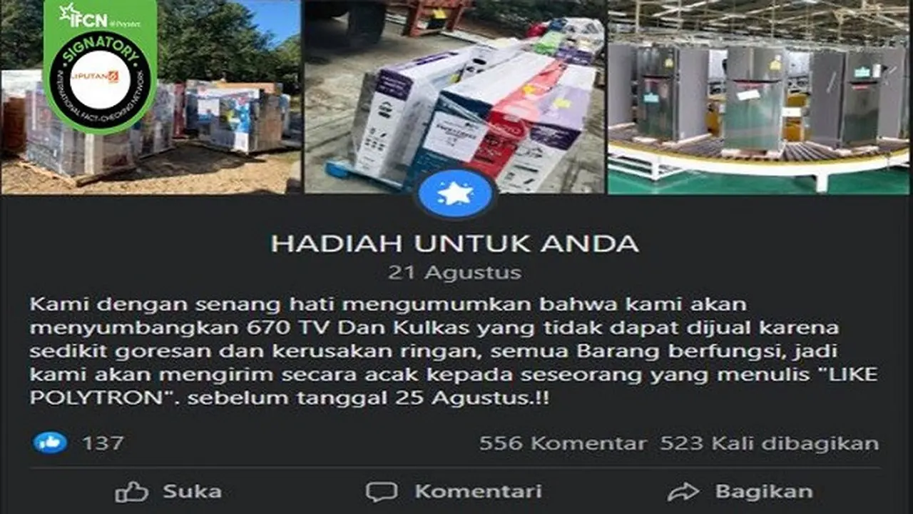 Gambar Tangkapan Kabar Hoaks Polytron Bagi-Bagi TV dan Kulkas Gratis Lewat Facebook (sumber: Facebook).