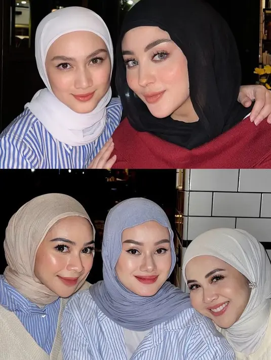 Dinda Hauw mengenakan kemeja lengan panjang bergaris warna biru dengan inner manset putih. Dipadukan kerudung biru instan.  [@melodylaksani92]