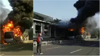 Bus Transjakarta terbakar di Halte Universitas Indonesia (UI), Salemba, Jakarta, Jumat (3/7/2015). (twitter/@RIYahya95/@FaisalRizalical)