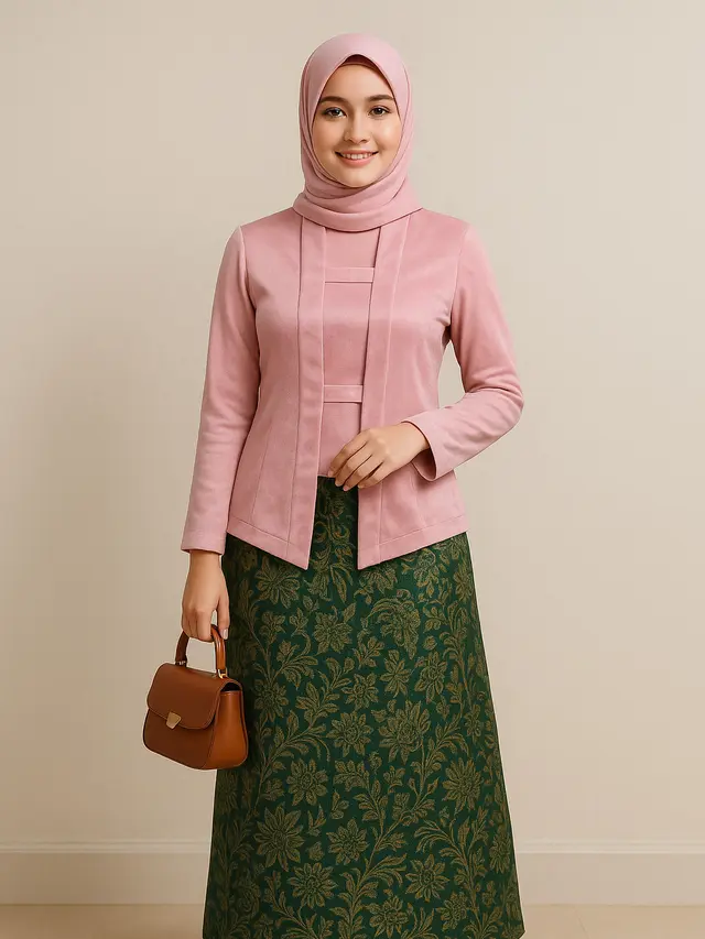 Setelan Kebaya Pink dan Rok Batik Hijau