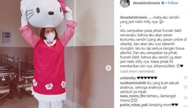 Demi mewujudkan keinganan Shakira, Denada mau berada di balik kostum Hello Kitty. (Foto: Instagram @denadaindonesia)