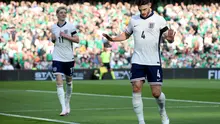 Gelandang Timnas Inggris, Declan Rice, enggan merayakan gol yang dicetaknya ke gawang Republik Irlandia dalam laga Grup 2 Liga B UEFA Nations League 2024/2025 di Aviva Stadium, Dublin, Minggu (8/9/2024) dini hari WIB. (PAUL FAITH / AFP)