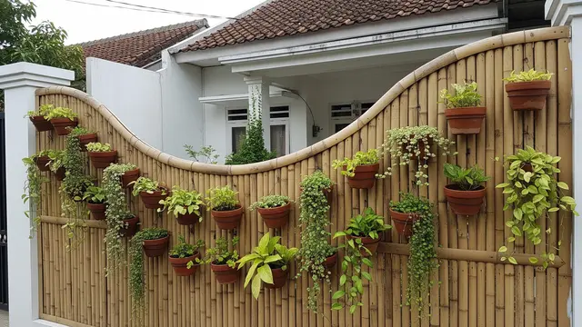 Pagar Bambu Melengkung dengan Pot Mengikuti Pola