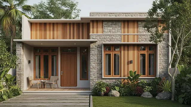 Gambar Rumah Minimalis dari Kayu Kombinasi Batu Alam