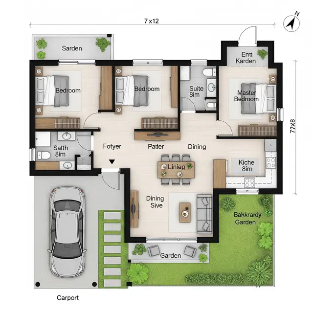 Denah Rumah 7x12 dengan 3 Kamar dan Ruang Makan Menyatu (Image by Gemini AI)