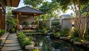 8 Desain Sudut Rumah yang Menggabungkan Kolam Ikan, Taman, dan Gazebo Kecil