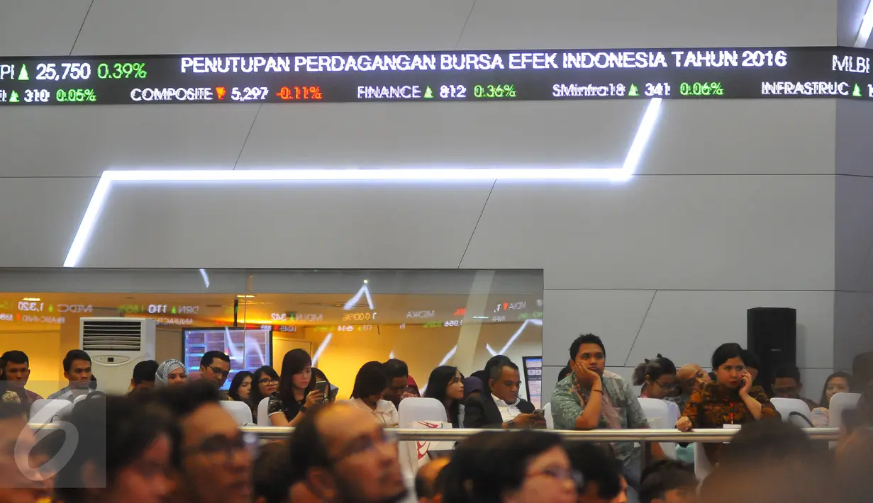 Perdagangan bursa saham 2016 Indonesia ditutup dengan level 5.296 poin, atau naik sebesar 15,32% dibandingkan posisi penutupan tahun lalu, Jakarta, Jumat (30/12). (Liputan6.com/Angga Yuniar)