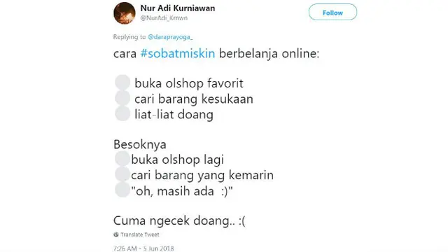 Baru-baru ini para netizen membagikan cuitan mereka tentang cara sobat miskin belanja online.
