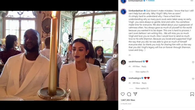 Unggahan Kim Kardashian tentang Virgil Abloh. (Instagram/ kimkardashian)