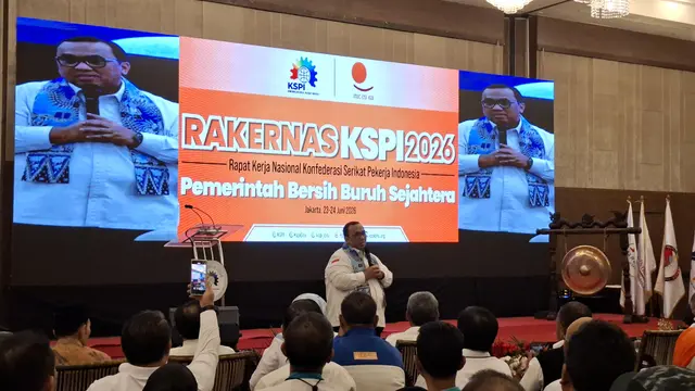 Presiden Konfederasi Serikat Pekerja Seluruh Indonesia (KSPSI) Andi Gani Nena Wea dalam Rakernas Konfederasi Serikat Pekerja Indonesia (KSPI), di Jakarta, Selasa (23/6/2026). (Foto: Liputan6.com/Arief RH)