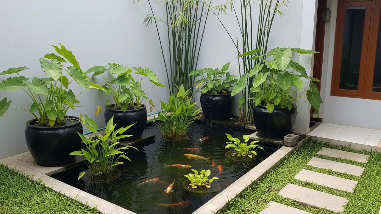 Kolam Sudut dengan Pemanfaatan Pot Tanaman Besar