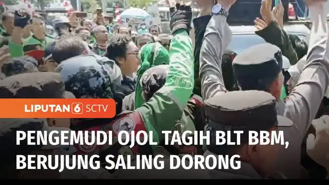 Aksi saling dorong mewarnai unjuk rasa ratusan pengemudi ojek online di Cirebon. Pengunjuk rasa mempertanyakan pencairan bantuan langsung tunai bbm, yang hingga kini belum mereka terima.