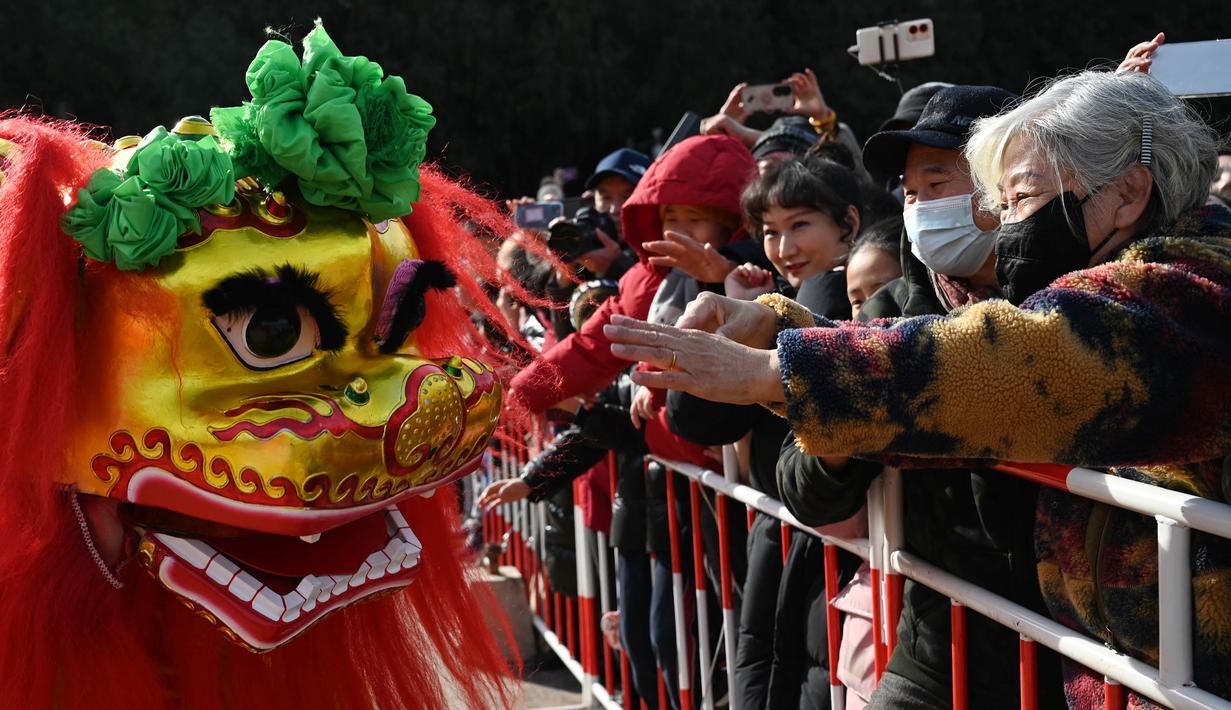 Orang-orang mencoba menyentuh singa saat pertunjukan barongsai di sebuah kuil pada hari kedua Tahun Baru Imlek Naga di Beijing pada 11 Februari 2024. (GREG BAKER/AFP)