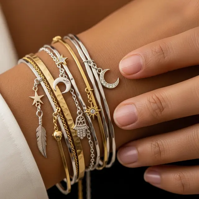 Model Gelang Stacking Mix Metal Emas dan Perak
