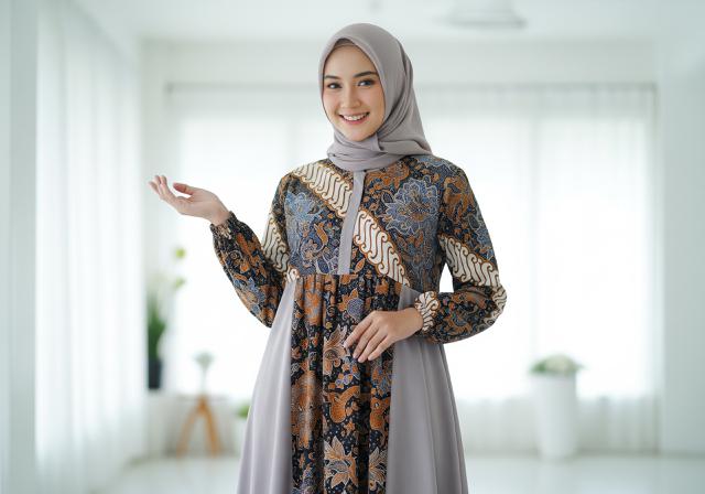 1. Gamis Batik Kombinasi Polos