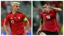 Granit Xhaka. Gelandang Arsenal ini dilahirkan di Swiss dari orang tua asal Albania. Akhirnya ia lebih memilih untuk memperkuat tanah kelahirannya, bersama Timnas Spanyol. Sementara sang kakak, Taulant Xhaka yang juga lahir di Swiss, lebih memilih Timnas Albania. (Kolase AFP)