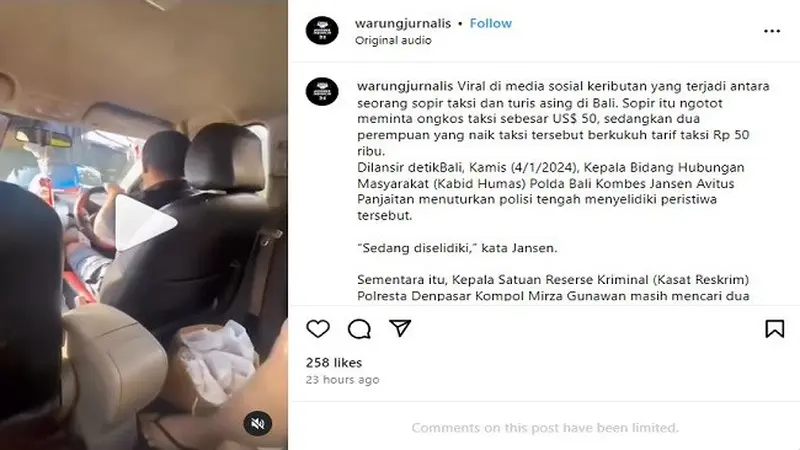 Dua turis asing di Bali menjadi korban pemerasan dan pengancaman yang dilakukan oleh sopir taksi. (Instagram @warungjurnalis)