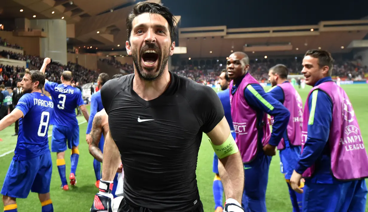 Ekspresi Buffon usai Juventus berhasil melaju ke semifinal Liga Champions 2015 setelah mengalahkan AS Monaco di Louis II Stadium, Monako. ( AFP/Pascal Guyot )