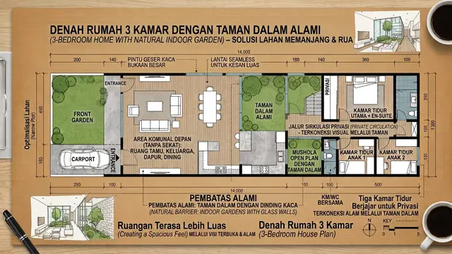 Denah Rumah 3 Kamar Tanpa Sekat untuk Lahan Memanjang (AI Generated)