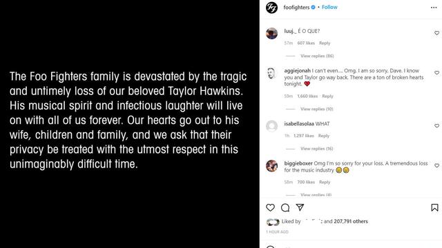 Unggahan Foo Fighters atas meninggalnya Taylor Hawkins. (Instagram/ foofighters)