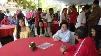 Ketua Umum Partai Demokrasi Indonesia Perjuangan (PDIP) Megawati Soekarnoputri hadir di sekitar arena Kongres V, di Grand Inna Bali Beach Hotel, Bali, Rabu (7/8/2019).