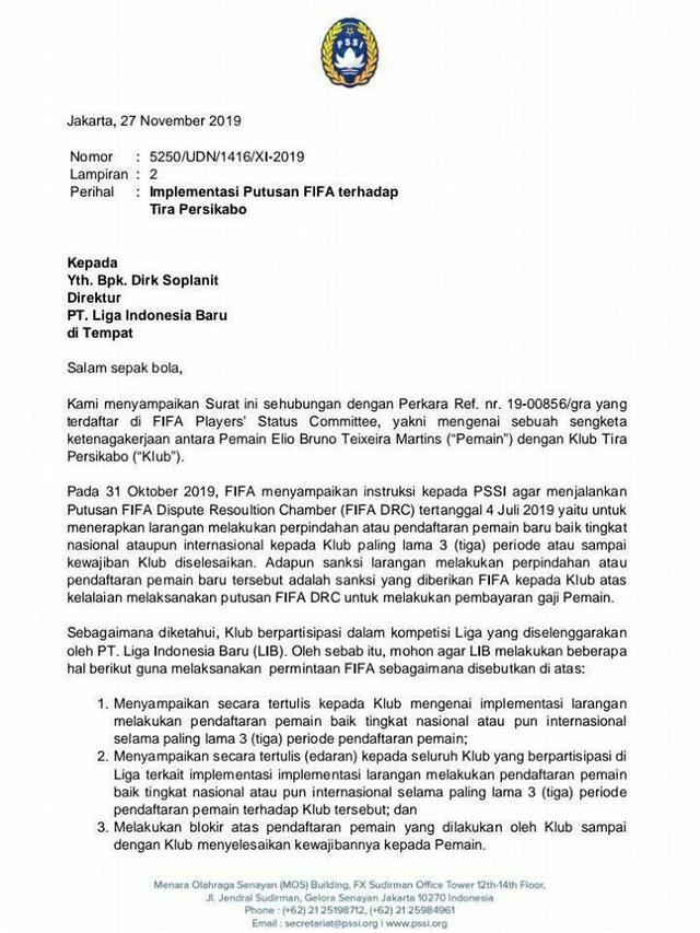 Surat PSSI ke PT LIB terkait Tira Persikabo.