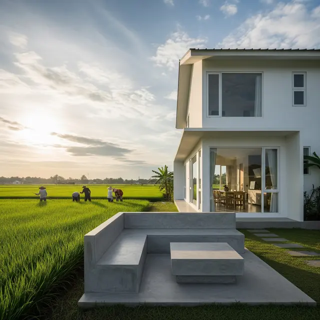 Desain Rumah Desa Minimalis dengan Tempat Duduk Pinggir Sawah (Gemini AI)