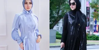 Lihat di sini beberapa potret padu padan hijab polos ala Syahrini yang elegan.