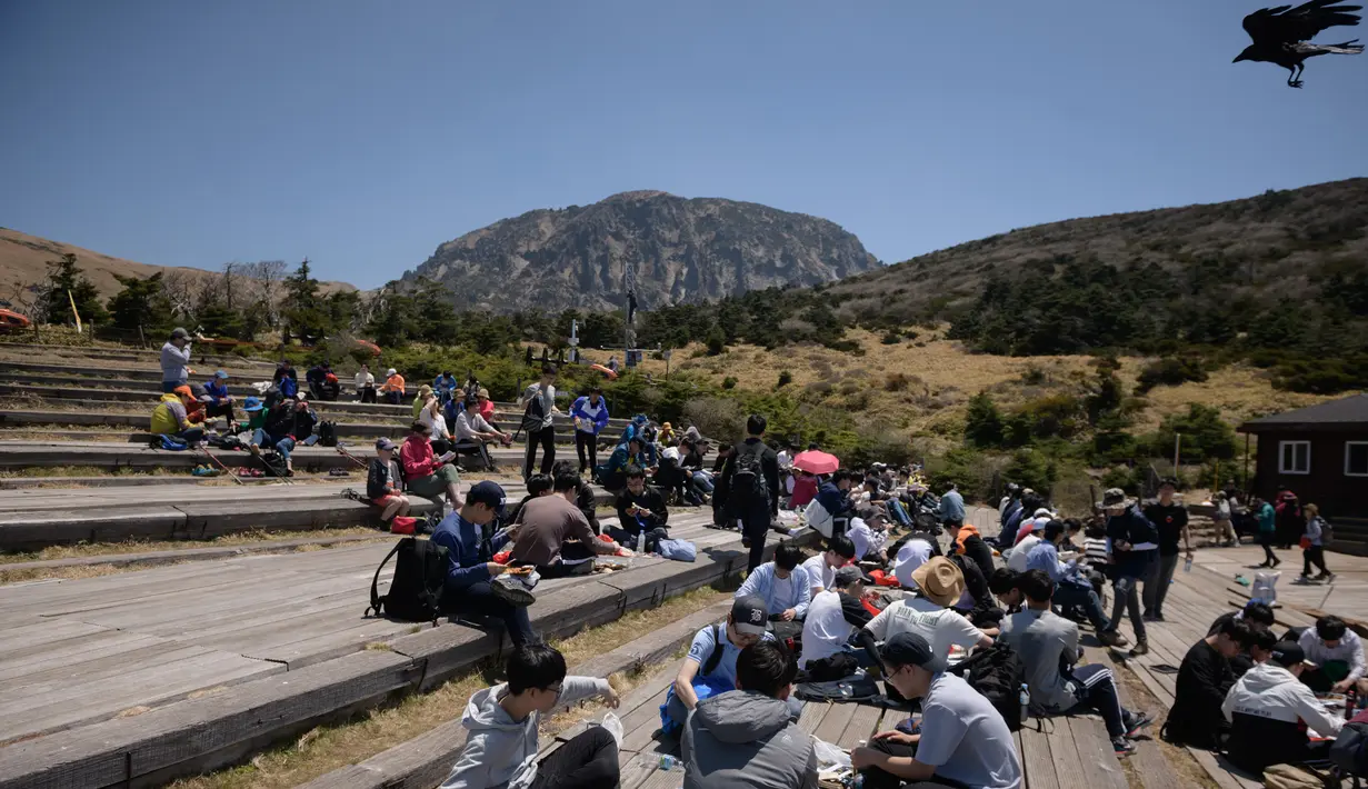 Pejalan kaki di tempat istirahat dekat puncak Hallasan, atau gunung Halla, di pulau Jeju, Korea Selatan (9/5/2019). Karena iklimnya yang baik, pulau ini ditumbuhi lebih dari 1.700 jenis tanaman, sehingga Jeju dijuluki sebagai "Pulau Botani" karena kekayaan floranya. (AFP Photo/Ed Jones)